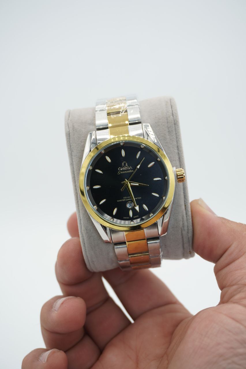 ساعت مچی مردانه امگا سیمستر نقره‌ای طلایی صفحه مشکی