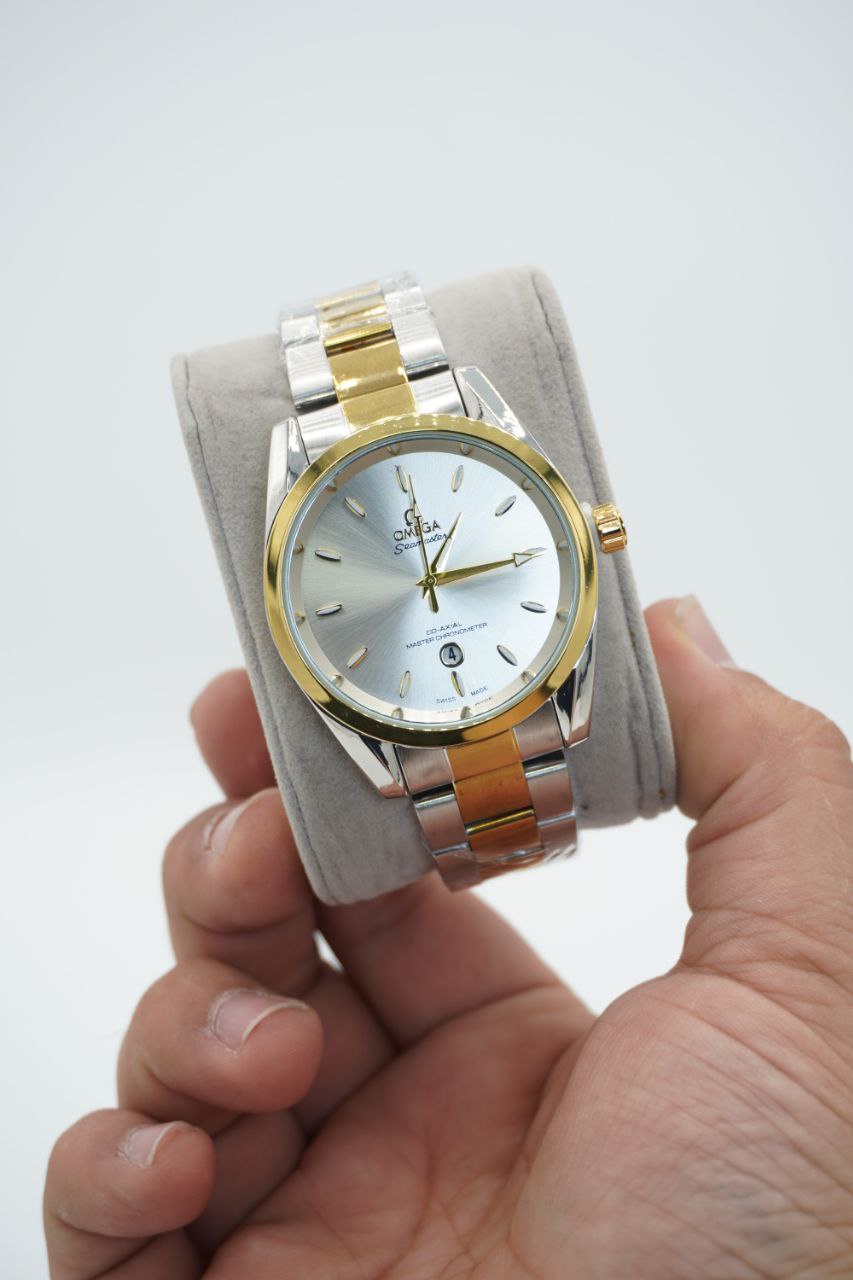 ساعت مچی مردانه امگا سیمستر نقره‌ای طلایی صفحه سفید